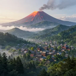 a powerful japanese village high in mountains, lava over mountains, calm morning, fanart artstation global illumination rtx hdr fanart arstation 3 d, volcano, concept art by greg rutkowski and laurie greasley, forest, fantastic landscape, 8 k, cinematic color grading