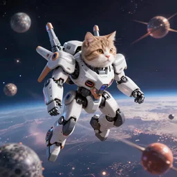 a cat piloting a mecha in the middle of a space battle, digital art, trending on artstation