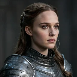 head and shoulders portrait of a female knight, young natalie portman, game of thrones, eldritch, silken hair, armored, ornamental etching, elaborate detail, vogue fashion photo