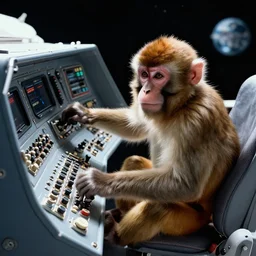 photography of a monkey piloting a space ship in space, controlling the control panel with thousands of buttons and levers