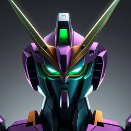 gundam head, v - fin, f 2 2 photo, soft light, mekka, behance, highly detailed illustration, realistic, purple green gold metal design, dribbble. com, by secondsyndicate studio,