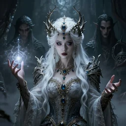 a beautiful white haired queen, adorned with precious stone jewelry, intricate concept art, ominous, sinister dark fantasy, occult, spells, magic, enchanted, misty, dramatic lighting, dark lovecraft cthulhu in the background, octane render, 8 k, ruan jia and tom bagshaw and alphonse mucha