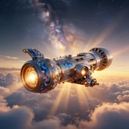 big mechatronic spaceship tube with glowing lights flying in big fluffy clouds, cinematic light, epic scene, god rays, 8 k, high detailed ornaments, liquid marbling acrylic abstract art, artstation, comics style, sunset, magic hour, golden hour, strathosphere, nebula sky, milkyway