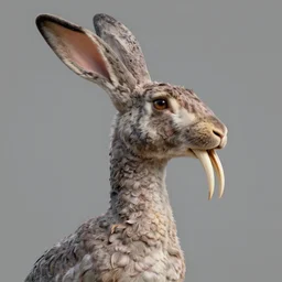 a medium, hybrid, humanoid aquatic creature with a t - rex head, rabbit ears, a long nose, and a long jaw with two very long canines. it has a goose neck, its shoulders are drooped, and two elongated, ultra detailed, highly detailed