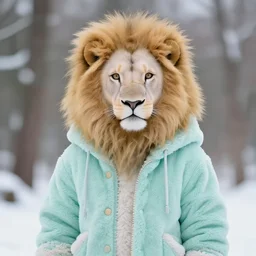 aesthetic portrait commission of an albino male furry anthro lion wearing a cute mint colored, cozy, soft pastel winter outfit. winter atmosphere character design by dan volbert.