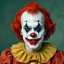 a scary clown looking straight into the camera, closeup, by jochim beuckelaer, by canaletto, by james c. christensen