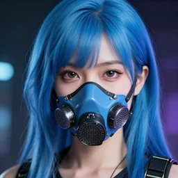 Close up portrait of an Asian Cyberpunk young woman with blue hair wearing a filter mask, hyperdetailed, artstation, cgsociety, 8k