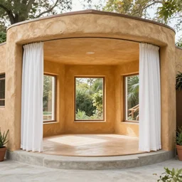 colour 3 5 mm, empty small penthouse interior, open floor, big windows, long white curtains, eco style, stucco,