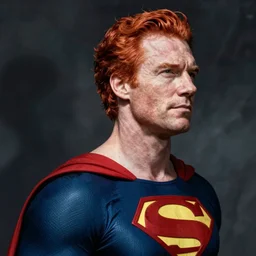 photograph of a red haired, middle aged balding superhero