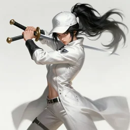 a highly detailed illustration of fierce messy ponytail black haired one armed delinquent japanese woman wearing white cap wearing long white jacket, dramatic wielding sword pose, muscular, intricate, elegant, highly detailed, centered, digital painting, artstation, concept art, smooth, sharp focus, league of legends concept art, wlop.