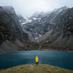 super epic realistic nature photo of mountains valley and lake trending on instagram with ( lonely person in yellow raincoat ) standing at a distance