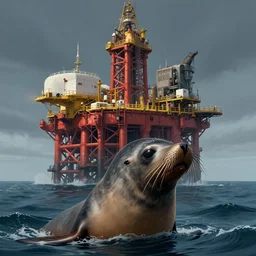 a a offshore oil mounted on the head of a south american fur seal australis, key visual, ambient lighting, highly detailed by greg'craola'simkins and kris kuksi, apocaliptic, zoom out, sharp focus, illustration