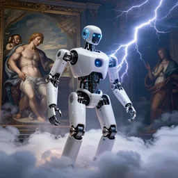 modern mechanical robot in the clouds is casting beautiful lightning, hal 9 0 0 0, classical religious painting, michelangelo, concept art, stanley kubrick