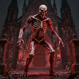 full body pose monster skeleton flesh, scary, terrifying, volumetric lighting, gothic church on background, red glow, by greg rutkowski and ivan shishkin
