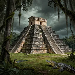 a historical illustration of an aztec temple in the florida everglades, moss, vines, alligator, foreboding, dark, in the style of a historical illustration