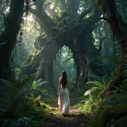 a goddess walking towards a ravenous, ominous portal to hades embedded in a creepy tree in a densely overgrown, magical jungle, fantasy, dreamlike sunraise, stopped in time, dreamlike light incidence, ultra realistic