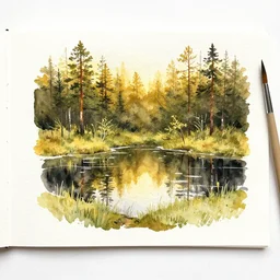 small centered on watercolor paper, paint brush strokes, abstract watercolor painting of golden night at mini lake, heavy pine forest, swedish bog, spring and autumn, sharp lighting, cinematic light, american romanticism by hans dahl, by jesper ejsing, by anders zorn, by greg rutkowski, by greg manchess, by tyler edlin