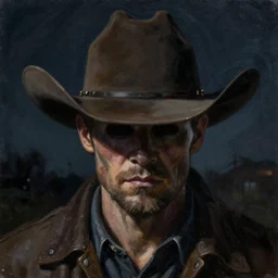 cowboy, eyes concealed in shadow,, nightime, highly detailed, artwork by gerald brom, grim, dark, oil on canvas