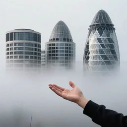 arm reaching out of thick fog, round buildings in background, stacked buildings, rounded architecture, sophisticated, zdzislaw beksinski, architecture of frank lloyd wright, zaha hadid, norman foster