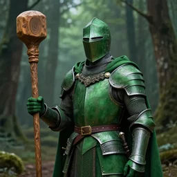 portrait of a green knight, giant wooden club, wooden bark armor, green cloak, forest background, high fantasy, highly detailed, smooth, matte painting, by midjourney