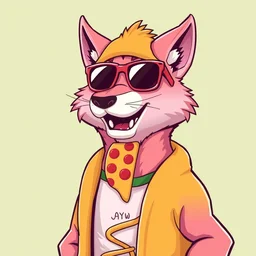 portrait of a pink anthropomorphic cartoon wolf wearing sunglasses and a hot dog costume with a slice of pizza in its mouth, clean bold digital art, nft