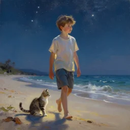 a boy and a cat,walking on the sand,starry sky,panorama,highly details,oil painting