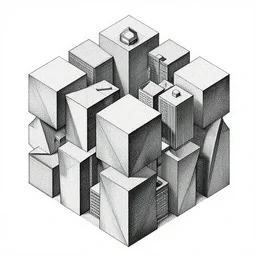 Geometric cube city, extremely high detail, photorealistic, intricate line drawings, dotart, album art in the style of James Jean