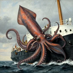 a giant squid attacking a ship, tentacles wrapping around, by gerard brom and zdzisław beksinski