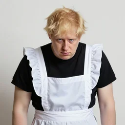 boris johnson looking depressed while wearing a maid dress