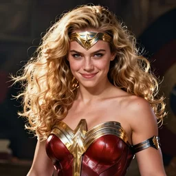 a very muscled young april with a mischievous face and extremely long blonde wavy hair dressed as teen superhero, captain america, wonder woman, intricate detailed face, artgerm, greg rutkowski, alphonse mucha