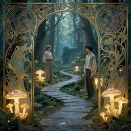 enchanted forest, intricate design, elegant, magical, art nouveau, environment art, film still, glowing mushrooms, stone trails, water, art by art by artgerm and greg rutkowski and ruan jia and peter polach