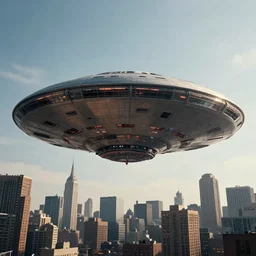 A huge cyberpunk flying saucer over New York. Photo realistic