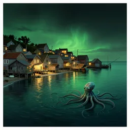 landscape view on an old fishing village at night, a humanoid tentacled creature emerging from the ocean, night colors, high - key lighting, beautiful composition, intricate, gradient from green to black, pro photography by, highly detailed, digital painting, art by artgerm and greg rutkowski and alphonse mucha, smooth, sharp focus illustration