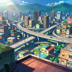 a film still from Tekkonkinkreet by Ian McQue , seen from roof terrace of favela city, insane multiple overpass city interchange, a mile wide under construction, looms overhead and casts shadow, vibrant, 50mm lens, video game character and environment design, 2d game lineart behance hd, studio, dramatic lighting, cinematic, global illumination, trending on Artstation, bloom