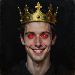 man with a crown, smirk, photograph, black backgrounds, glowing red eyes, oil painting