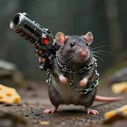 small bipedal rat!!!!!! carrying large sci - fi fantasy alien gun, cinematic, portrait, shot on 7 0 mm, macro, wearing a chain, from the new sci - fi movie [ small rat saves the cheese ], 8 k, f 1. 8
