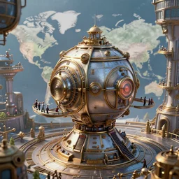 teleportation machine in a steampunk world, with people using it to travel the world, the machine is a large metal contraption with a bright light in the center by kengo kuma