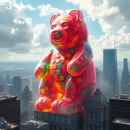 hyperdetailed painting of an oversized colorful translucent gummy bear towering over the city, destroying buildinga, highly detailed illustration, by artgerm, artstation, unreal engine 5 photorealistic