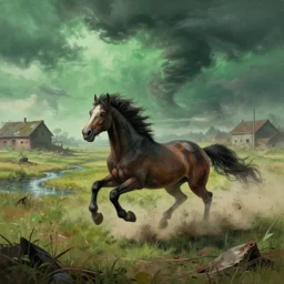 a vicious zombie horse making dust haze while running in a extremely detailed land fields wasteland with vertical rivers and destroyed farm buildings with a hazed background in the style of akira. stormy green sky with tornadoes. painted by erik johansson surrealism composition perspective drawing high resolution detail.