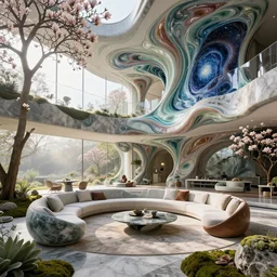futuristic sharp focus biophilic villa interior with garden, cinematic morning light, magnolia flowers ceramic porcelain stone nebula fluid colorful architecture landscape, highly detailed furniture, granite, trees, marble, moss, lichen, fungi, vincent callebaut composition, mamou - mani, cinematic morning light, 8 k, unreal engine, uhd