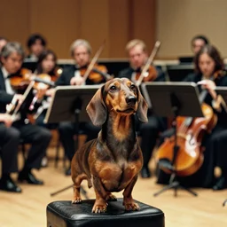 dachshund conducting an orchestra, 8 k, color film, photorealistic,