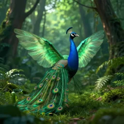 peacock fairy in a lush green forest, cinematic lights, octane render, trending on artstation