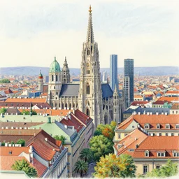 Colored Pencil drawing, Vienna skyline, octane render, highly detailed