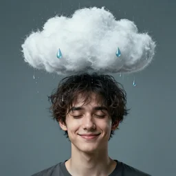a character with a cloud on his head, raindrops instead of tears, disheveled thoughts, the subtle existence of reality in time, a beautiful face, a sweet smile by mab graves