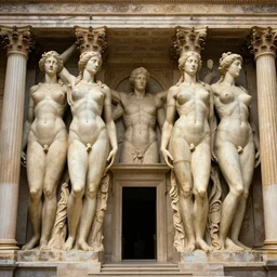 2 5 giant women body sculptures anatomically perfect shaping as colums and sculptures a surrealistic building at the kingdom of julius caesar, roman historic works, hyper - detailed, world renowned artists, historic artworks society, antique renewal, cgsociety, by greg rutkowski, by gustave dore, by caspar david friedrich style