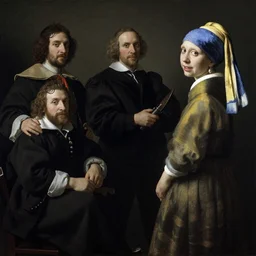Dutch masters poses for a portrait, style by Rembrandt, Caravaggio and Vermeer