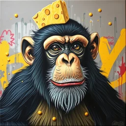 cheese whiz on a monkey as graffiti art on canvas, high detail, matte finish, trending on artstation, ghetto, masterpiece, sharp focus, centered, high quality paint