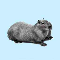 electron microscope image of a floating capybara, black and white, light blue