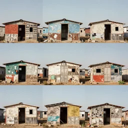 a collage of tens of makeshift squatter shacks with bleached colours, mamiya, 8 5 mm, f 1. 7, fully frontal view, uniform plain sky, light leaks, digital glitches, photographed by julie blackmon