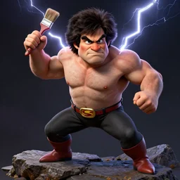 bob ross dressed as a superhero, massive muscles, standing on rocky ground, angry expression, detailed facial features, lightning behind, dark background, action pose, holding a paintbrush, ultra - detailed, intricate, detailed shadows and textures, 8 k, action pose, art by beksinski